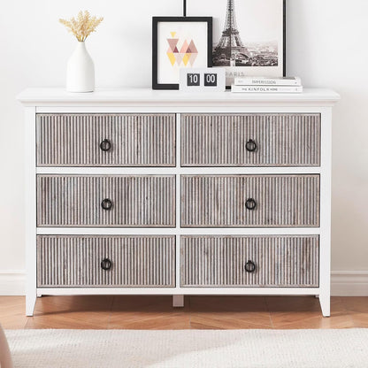 Homhougo White Dresser for Bedroom 6 Drawer, Wood Organizer Storage Cabinet with Gray Strip Drawer Door, Chest of Drawers for Closet, Living Room, Hallway, Nursery, Kids Bedroom