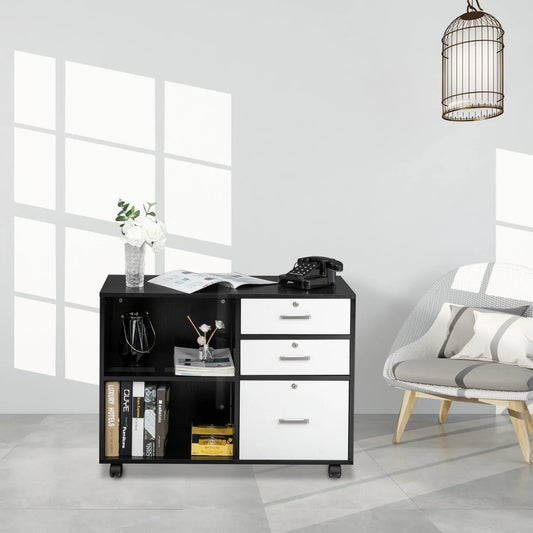 Ktaxon 3 Drawer Wood File Cabinets, Lateral Mobile Filing Cabinets Printer Stand with Locks and Wheels, Open Storage Shelves for Home Office