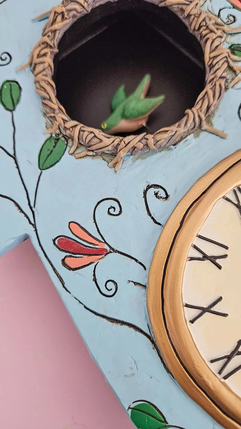 14.9 Inch | Stone Resin Decorative Clocks for Walls Home Decor Kitchen Clocks | Allen Designs Birdhouse with Flowers Cuckoo Wall Clock - Battery Operated Pendulum Analog Clock