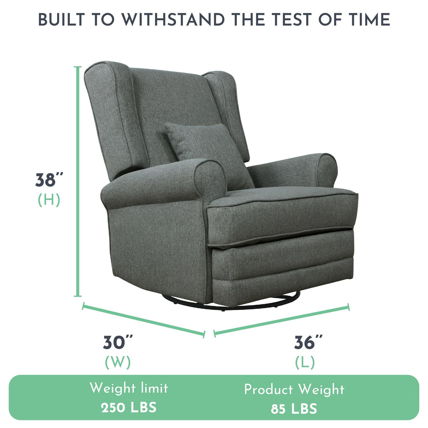 Evolur Melbourne Wing Back Swivel Glider I Nursery Glider I Durable Soft Fabric I Bonus Pillow In Iron