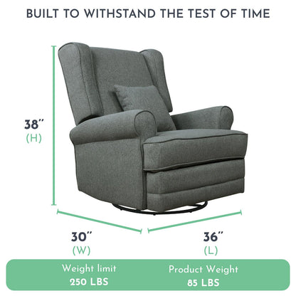 Evolur Melbourne Wing Back Swivel Glider I Nursery Glider I Durable Soft Fabric I Bonus Pillow In Iron