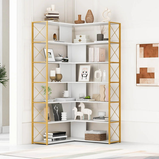 7-Tier Bookcase, L-Shaped Corner Bookcase, Tall Bookshelf with Metal Frame, Industrial Style Shelf with Open Storage, Bookshelf for Home Office Living Room and Bedroom, Gold+White
