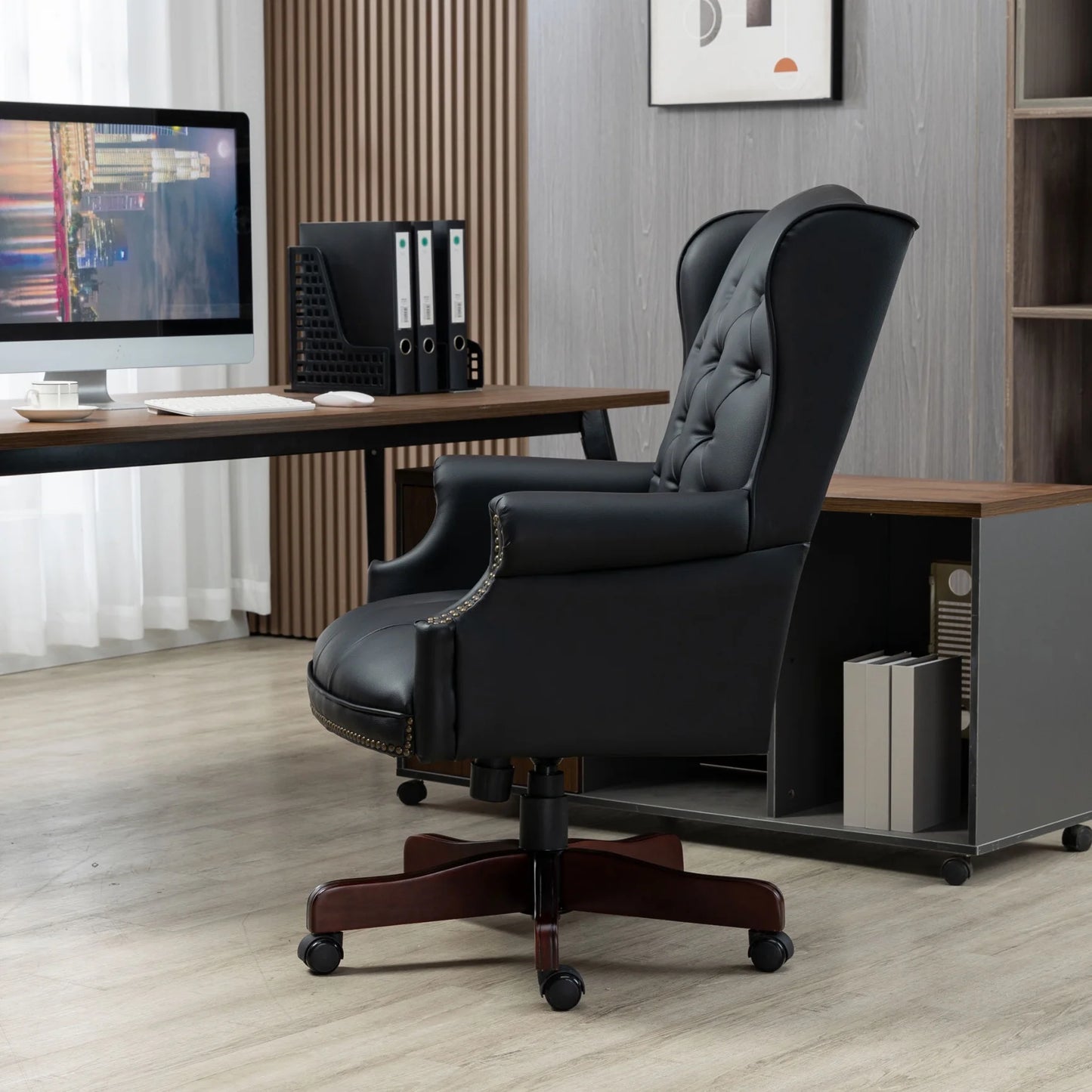 360° Rotating Office Chair,High Back Reclining Comfortable Desk Chair,Thick Padded Seat & Backrest,Ergonomic PU Leather Desk Chair with Smooth Glide Caster Wheels for Home Office,Black