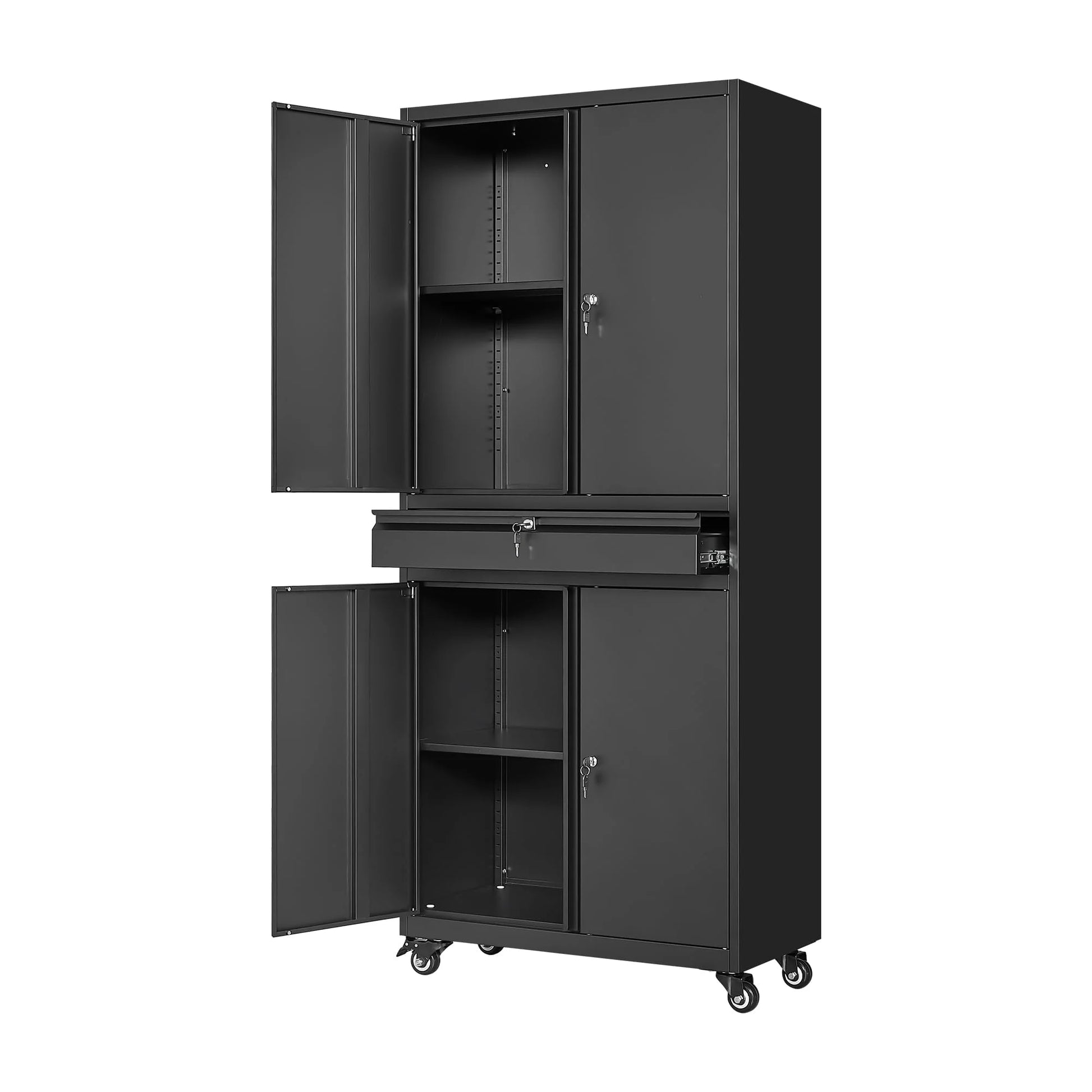 STANI Metal Garage Storage Cabinets with Drawer, 4 Doors Tool Storage Cabinet with 2 Adjustable Shelves, 73"H Rolling Steel Locking Cabinet for Garage Utility Room Home Office (Black, 4 Wheel)