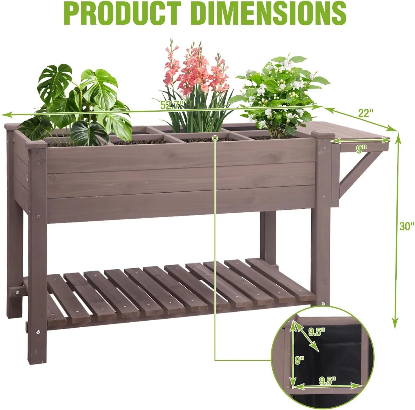 MEDEHOO Elevated Wooden Planter Box with Locking Casters - 52.7" L x 22" W x 30" H Raised Garden Bed, Removable Liner & 230lb Weight Capacity for Outdoor Plants