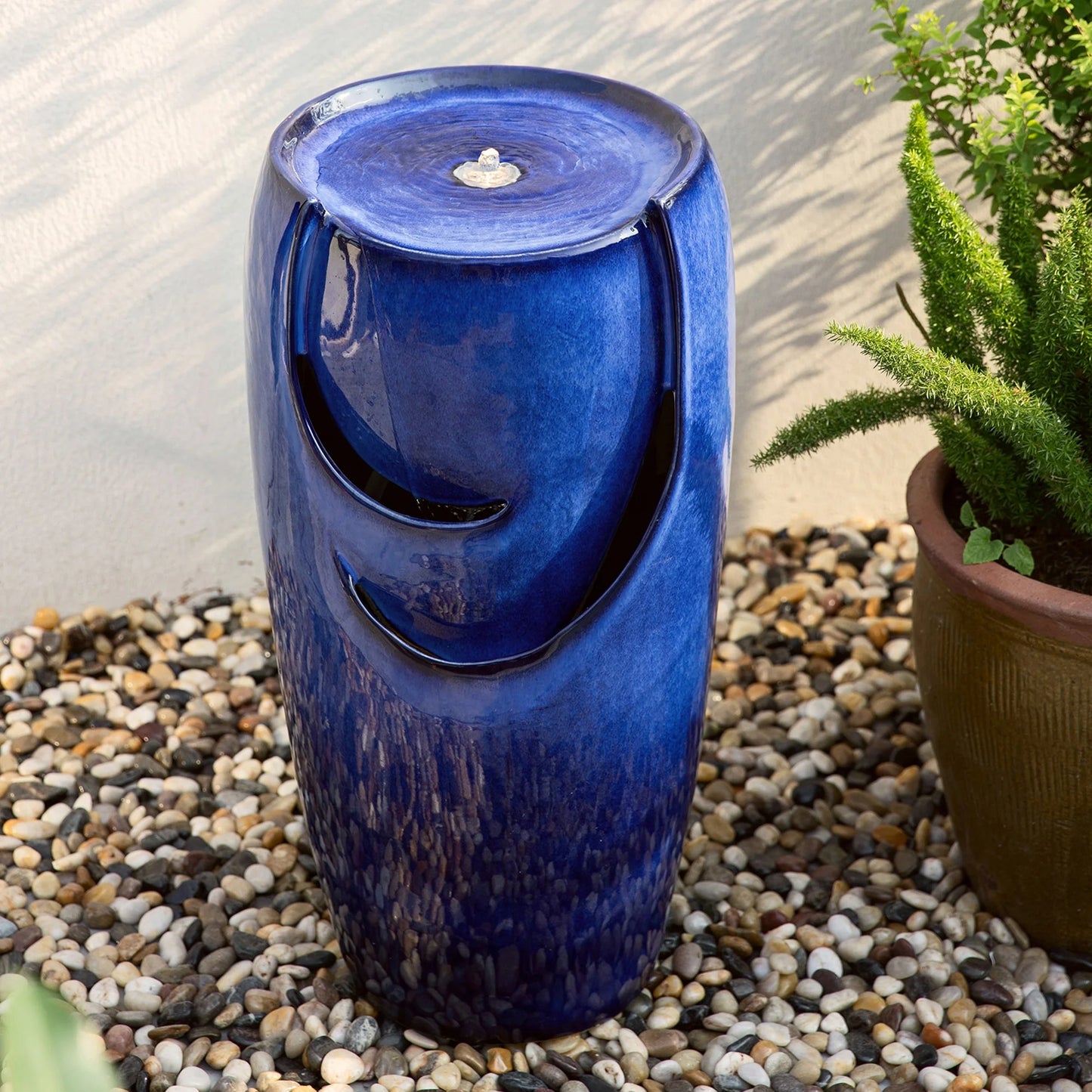 Glitzhome 29" Tall Ceramic Vase Water Fountain Red with Pump and LED Light for Yard Garden Patio