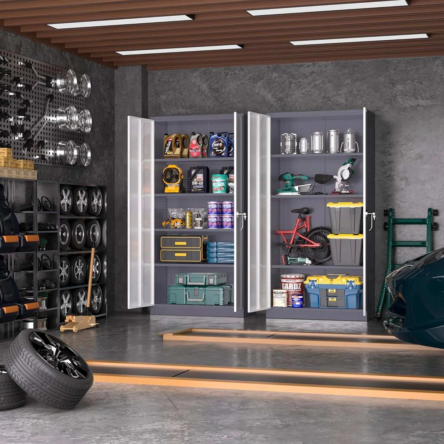 SUNCROWN Garage Storage Cabinets with Doors and Shelves, New Grey Steel Tool Locking Cabinet, Metal Storage Cabinet for Home Office, Warehouse, School