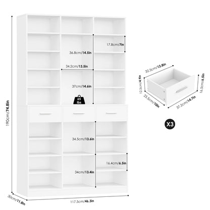 Homfa 75-Inch Bookshelf and Bookcase with 3 Drawers, Wooden Storage Book Shelf with Adjustable Shelves For Living Room, Home Office, White