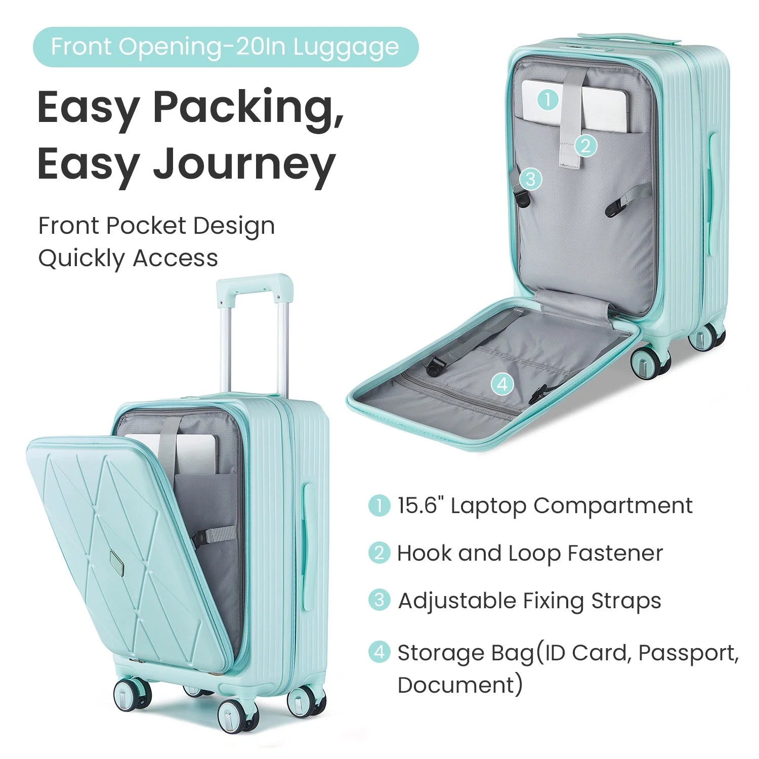 POWANLI 3 Piece Luggage Sets (20''24''28''), PC Hard Shell Expandable Lightweight Carry On Luggage, with Front Pocket and Spinner Wheels, TSA Lock, Airline Approved(Mint Green)
