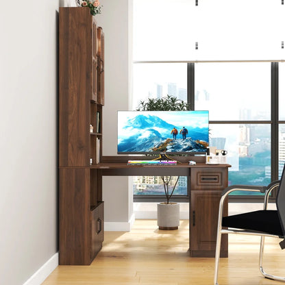 Tcbosik L-Shaped Desk with Storage, Corner Computer Desk with Hutch and Open Shelves, Study Writing Table with Drawer and Cabinets for Home Office, Space Saving, Walnut