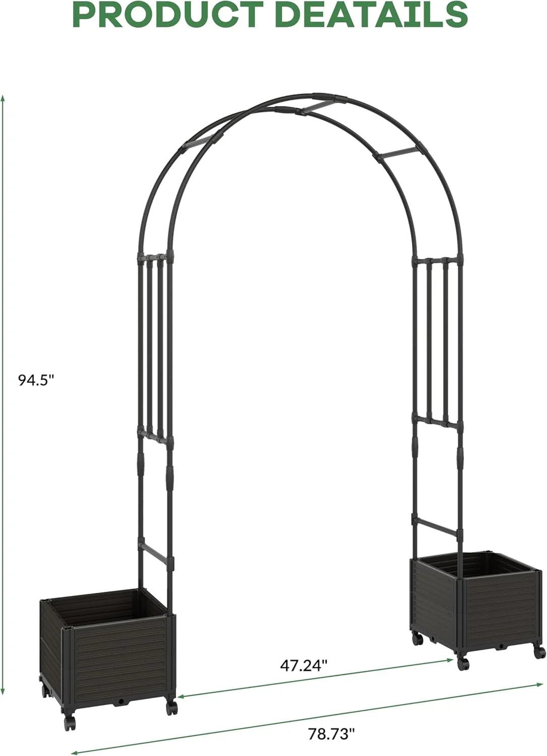 Garvee Metal Garden Arch Trellis for Climbing Plants, 2 Raised Planter Box, 78.73*15.74*94.5", Black