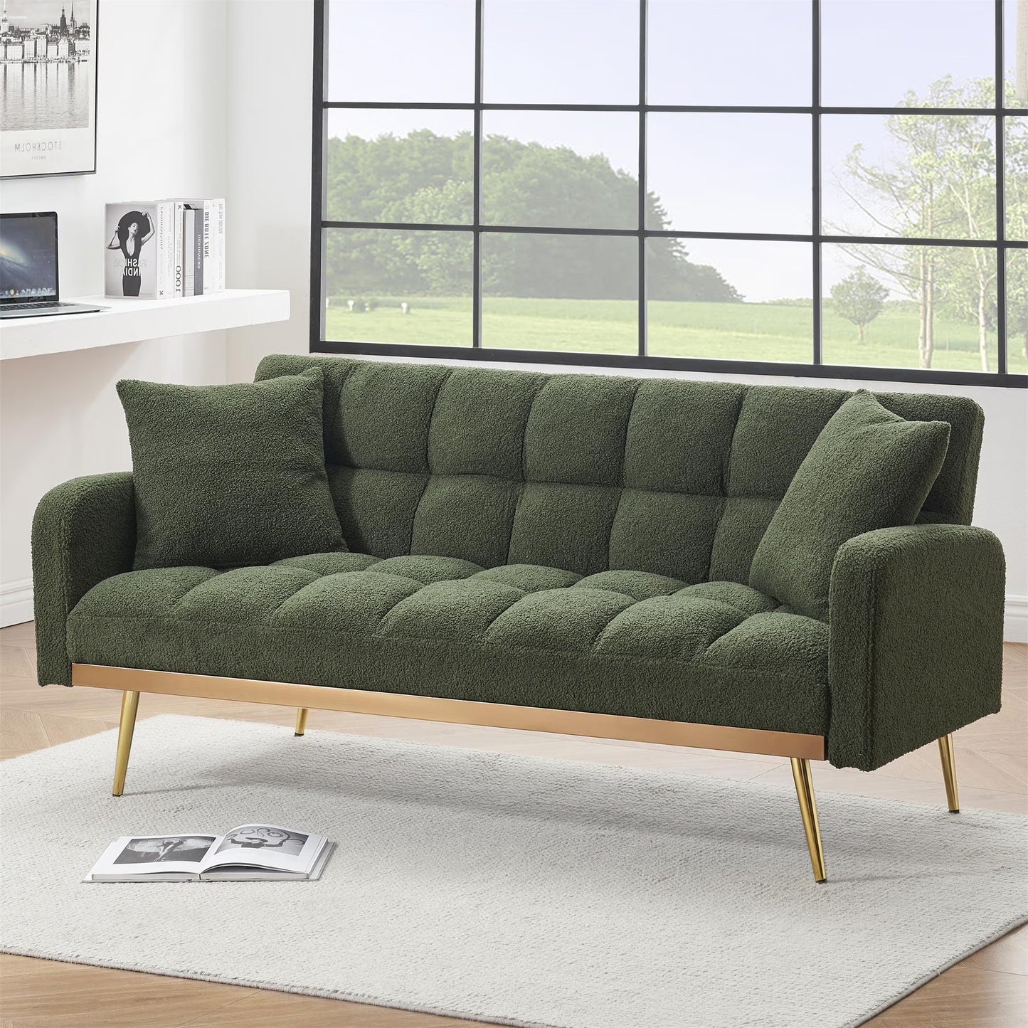 Aukfa Square Tufted Futon Convertible Sofa Bed for Home Office, 2 Pillows, Teddy Fleece, Gray
