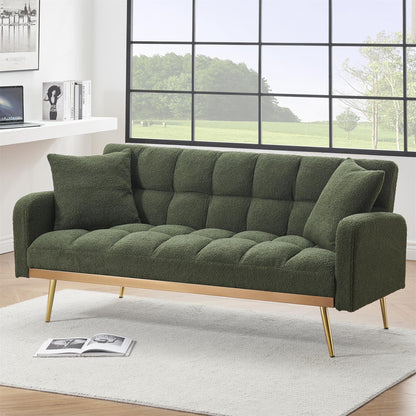 Aukfa Square Tufted Futon Convertible Sofa Bed for Home Office, 2 Pillows, Teddy Fleece, Gray