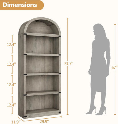 Bookcase 5 Shelf Arched Bookshelf 71.65in Tall Bookcase Farmhouse Display Storage Rack Wooden Bookshelves for Home Office, Living Room(white)