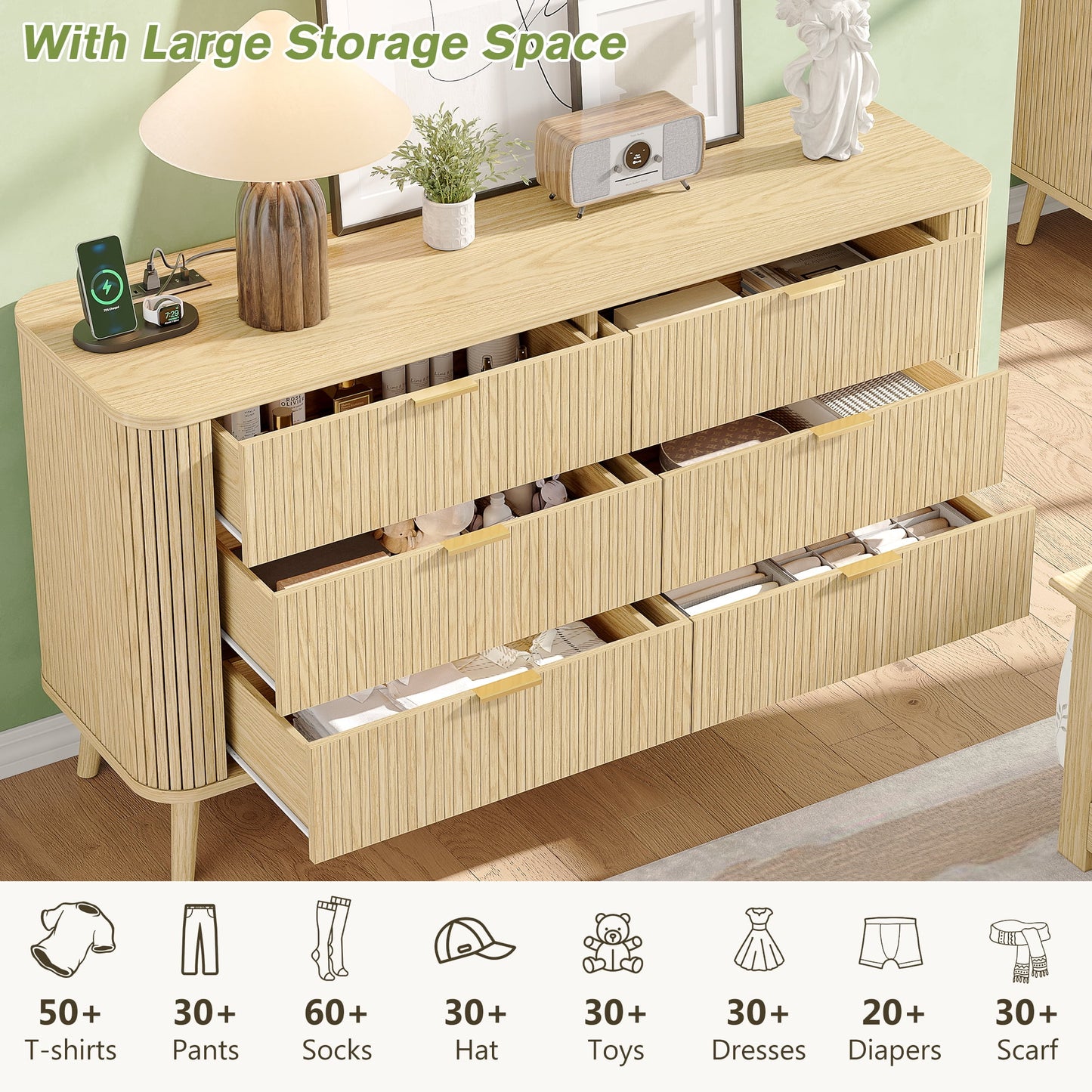 Mid-Century Modern Bedroom Dresser, 57" Wide Fluted 6 Drawer Dresser, Wood Dresser with Curved Profile Design for Closet, Bedroom Living Room, Hallway, Entryway, Home Office (Walnut, 6 Drawers)