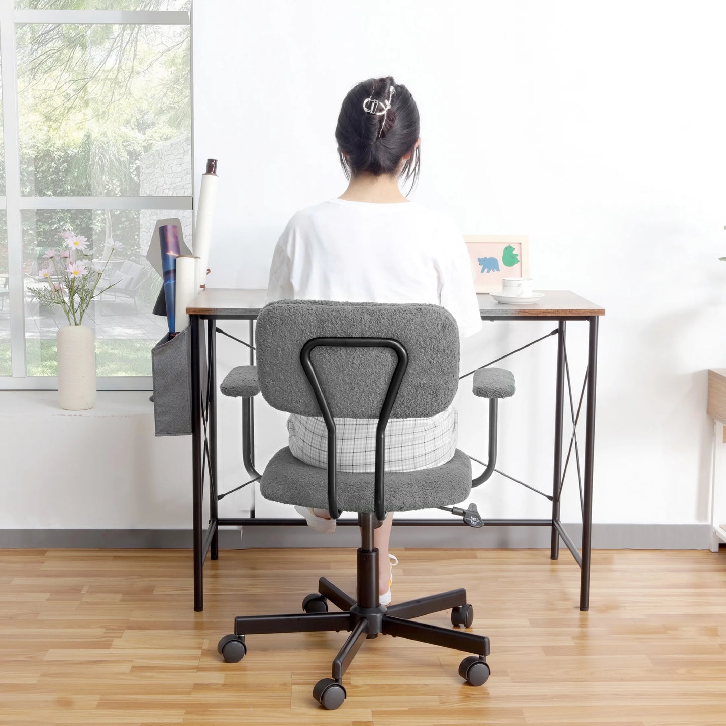 JJS Low Back Velvet Fabric Home Office Computer Chair with Armrest in Gray