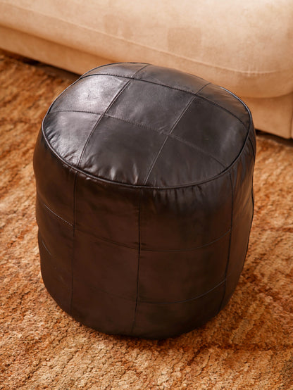 HANDMADE ECO-FRIENDLY ROUND SHAPED STUFFED LEATHER BLACK POUF - 14" x 14" x 14", Round Shape, Black Color, , Seating Pouf For Living Room, Study Room, Patio & Office