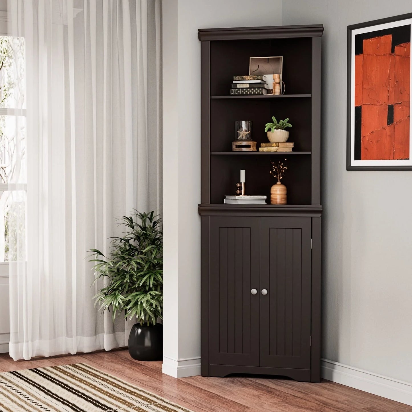 Furmax Corner Bookcase with Storage, Corner Bookshelf Stand Storage Rack for Living Room, Home Office, Kitchen, Small Space,White