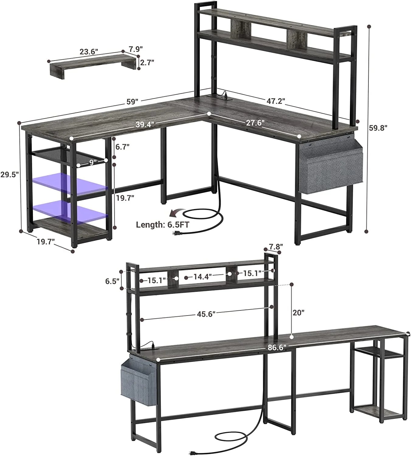 Homieasy L Shaped Desk with Power Outlet & USB Ports, 86.6'' Reversible L-Shaped Gaming Desk with Monitor Stand & LED Strip, 2 Person Corner Computer Desk with Hutch for Home Office, Grey Oak