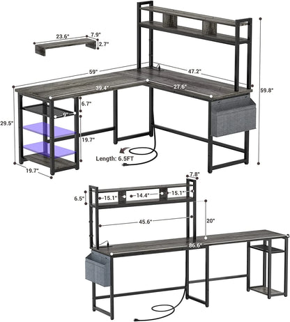 Homieasy L Shaped Desk with Power Outlet & USB Ports, 86.6'' Reversible L-Shaped Gaming Desk with Monitor Stand & LED Strip, 2 Person Corner Computer Desk with Hutch for Home Office, Grey Oak