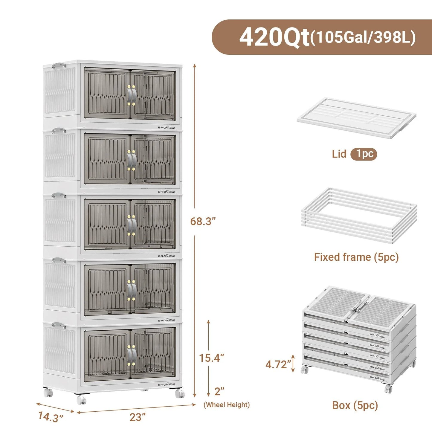 BROVIEW 100Gal Large Storage Bins with Lid, 400Qt Plastic Stackable Closet Organizer and Storage, Collapsible Storage Box with Wheels, Folding Storage Cabinet Containers for Home Office, 5Pack White