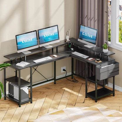 Lulive 95” L-Shaped Computer Desk with LED Light Gaming Desk with Power Outlet, Home Office Desk with Monitor Stand, Storage Shelf and Storage Bag Corner Desk, Black