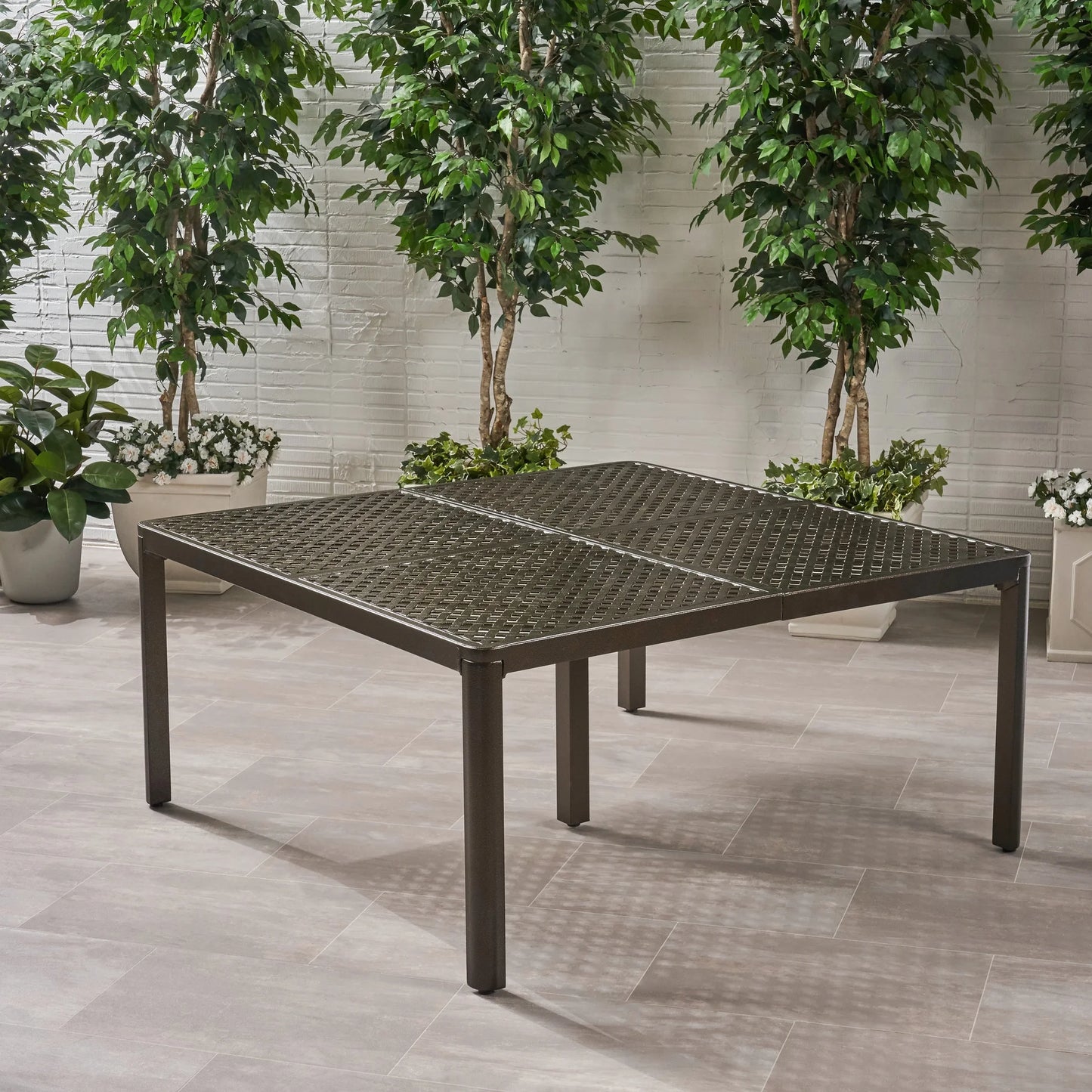 Modern Aluminum Dining Table, 61.25" Square, Gloss Black With Woven Accents, Rust , 8 Seats Poolside Area 62" Outdoor
