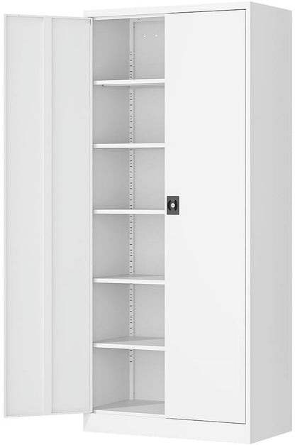 Fesbos Metal Garage Storage Cabinet,71" H Tall White Cabinet with 2 Doors and 5 Adjustbale Shelves,Lockable Tool Cabinet for Garage, Basement, Home Office