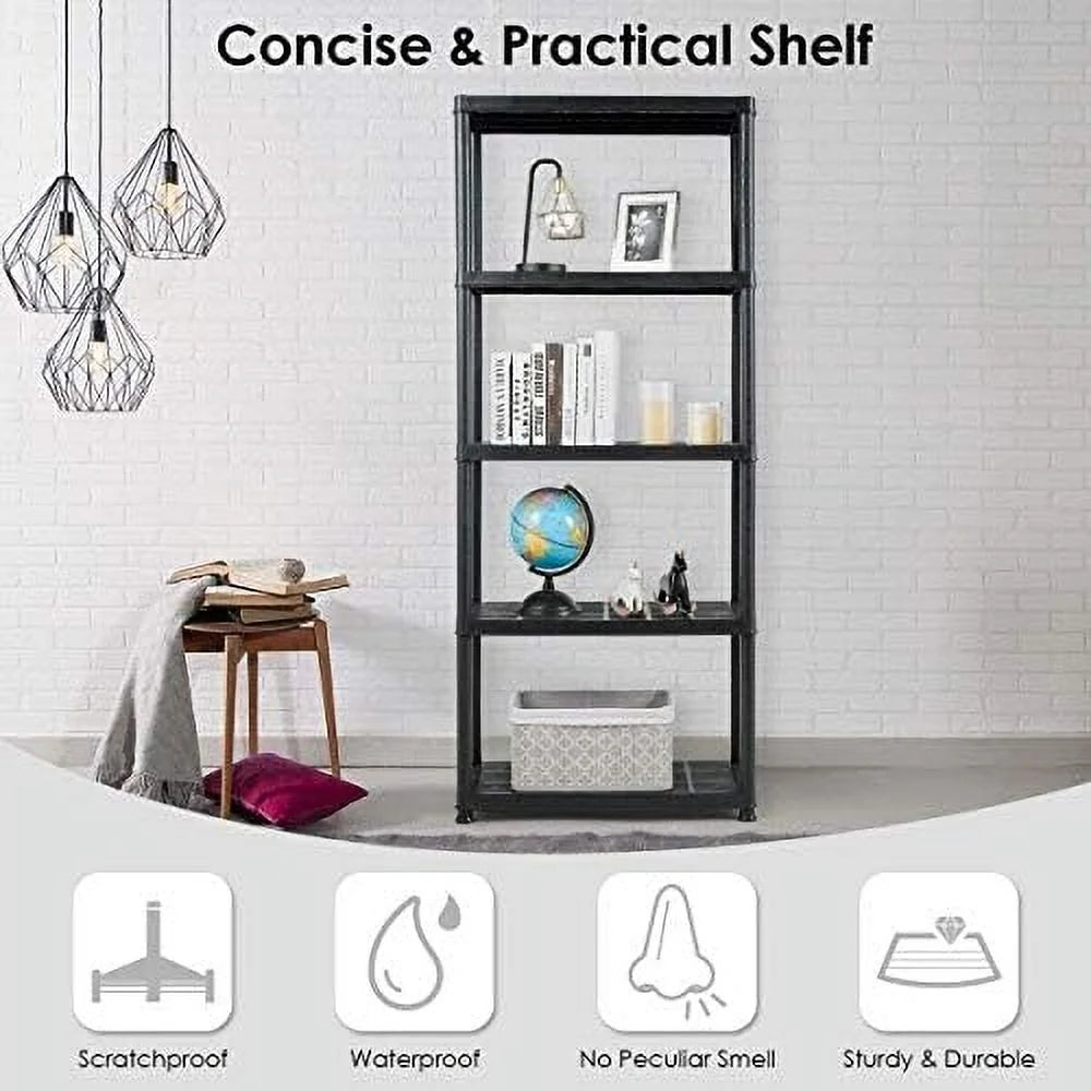 5 Tier Plastic Storage Shelves, Easy to Assemble Garage Rack, Multi-Use Free Standing Shelf Unit, Heavy Duty Shelving for Home Office, Black(2, 36° L X 18° W X 73° H)
