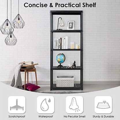 5 Tier Plastic Storage Shelves, Easy to Assemble Garage Rack, Multi-Use Free Standing Shelf Unit, Heavy Duty Shelving for Home Office, Black(2, 36° L X 18° W X 73° H)