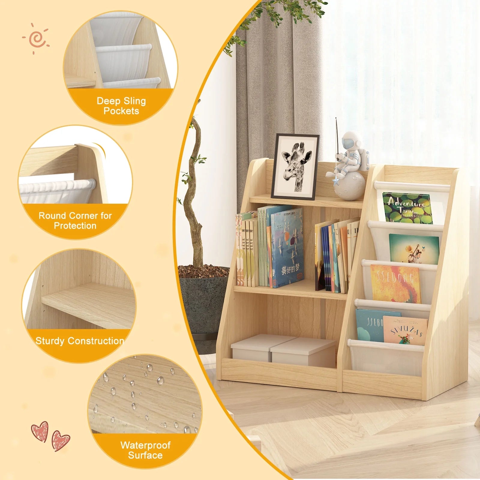 Hironpal Small 3 Tier Kids Bookshelf with 4 Layer Sling Adjustable Book Display Shelf for Nursery Playroom Kids Baby Bedroom