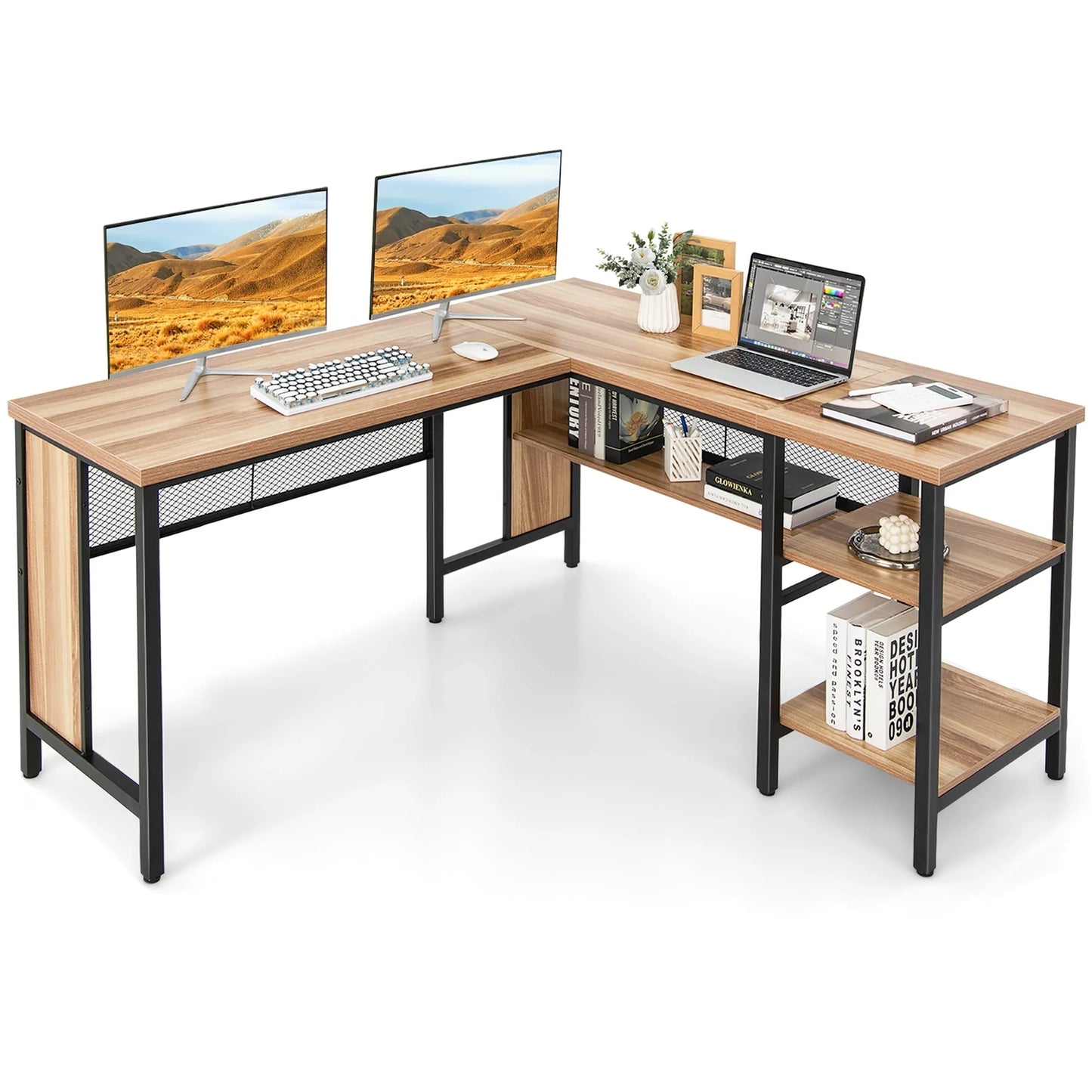 Costway L-Shaped Corner Computer Desk Home Office Workstation w/Storage Shelves Oak