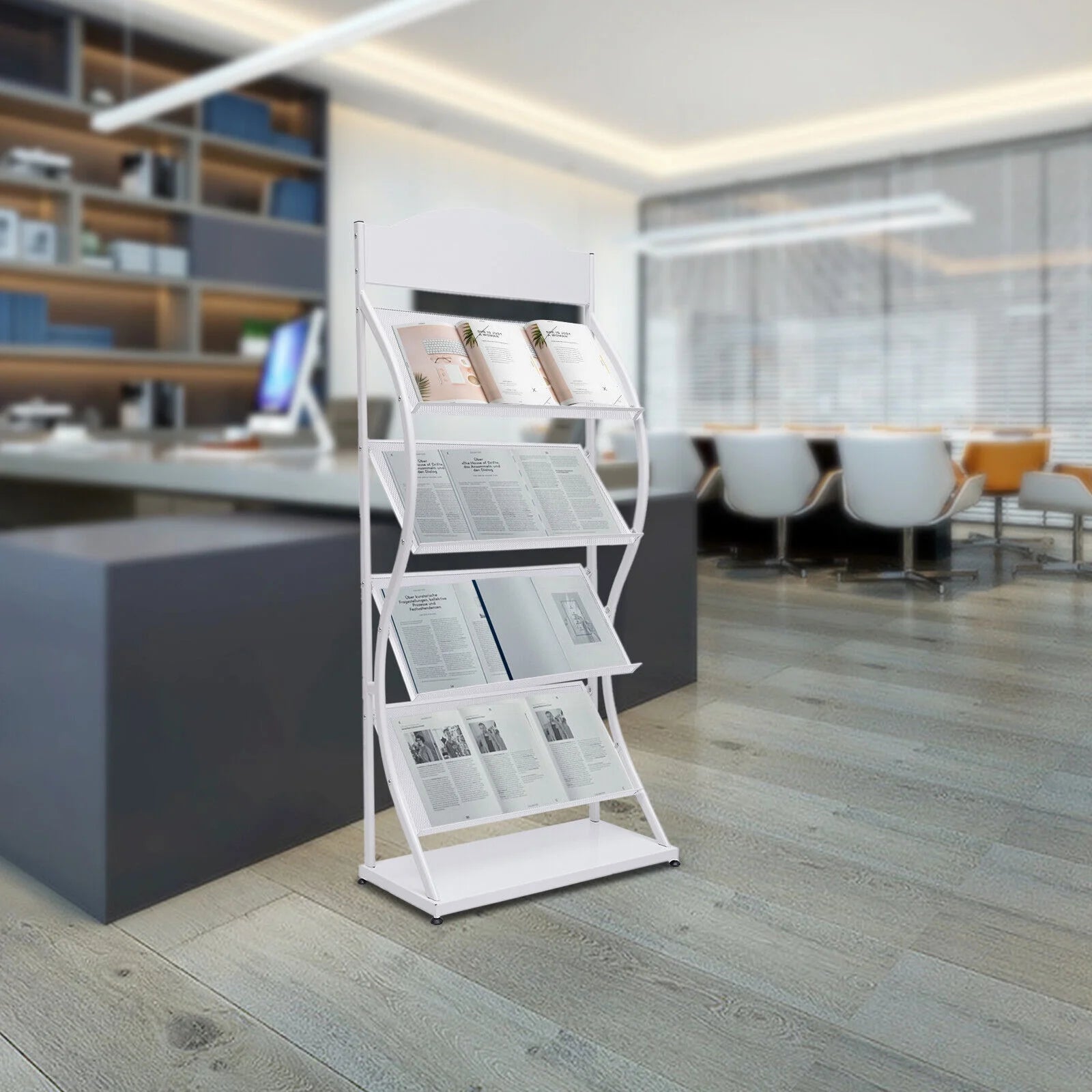Magazine Rack Magazine Holder 4 Tier Floor-Standing Newspaper Rack Manual Book Storage Rack Iron Magazine Display Rack (White)