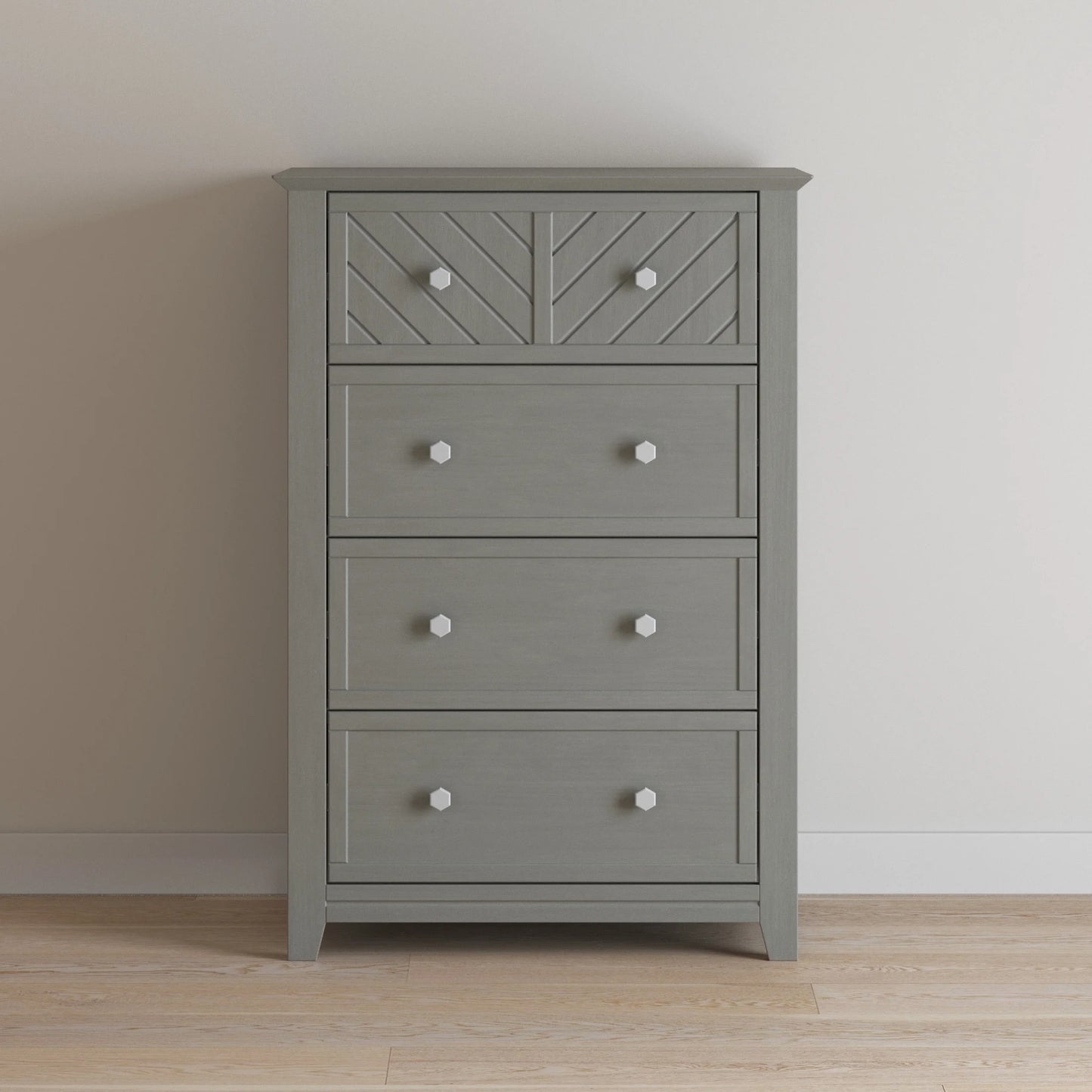 Child Craft Atwood 42" Interlocking 4-Drawer Chest for Nursery or Bedroom, Chevron Design, Anti-Tip Kit, Lunar Gray