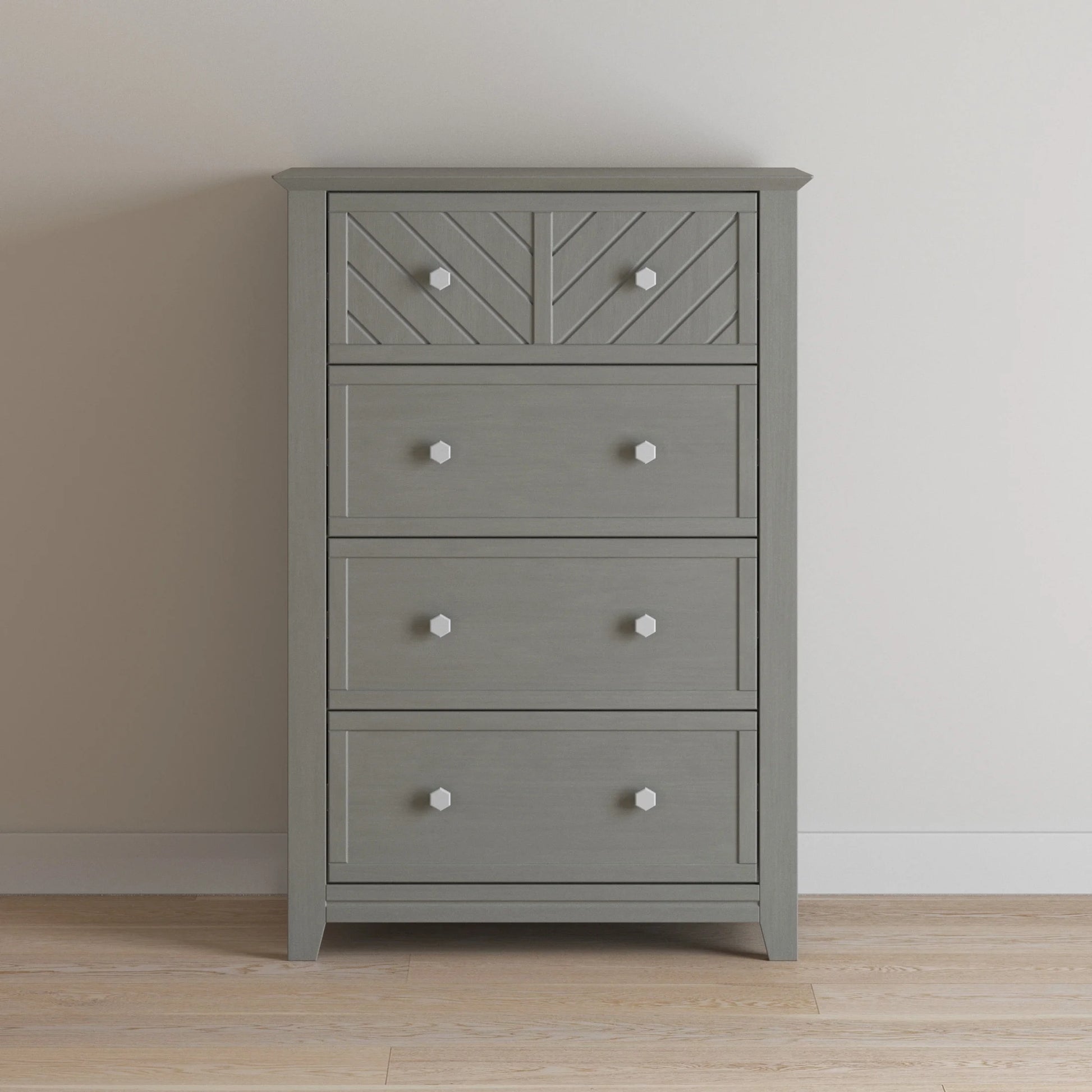 Child Craft Atwood 42" Interlocking 4-Drawer Chest for Nursery or Bedroom, Chevron Design, Anti-Tip Kit, Lunar Gray