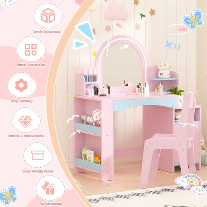 Kids 2-in-1 Princess Vanity Table Set with Jewelry Storage and Open Shelves, White