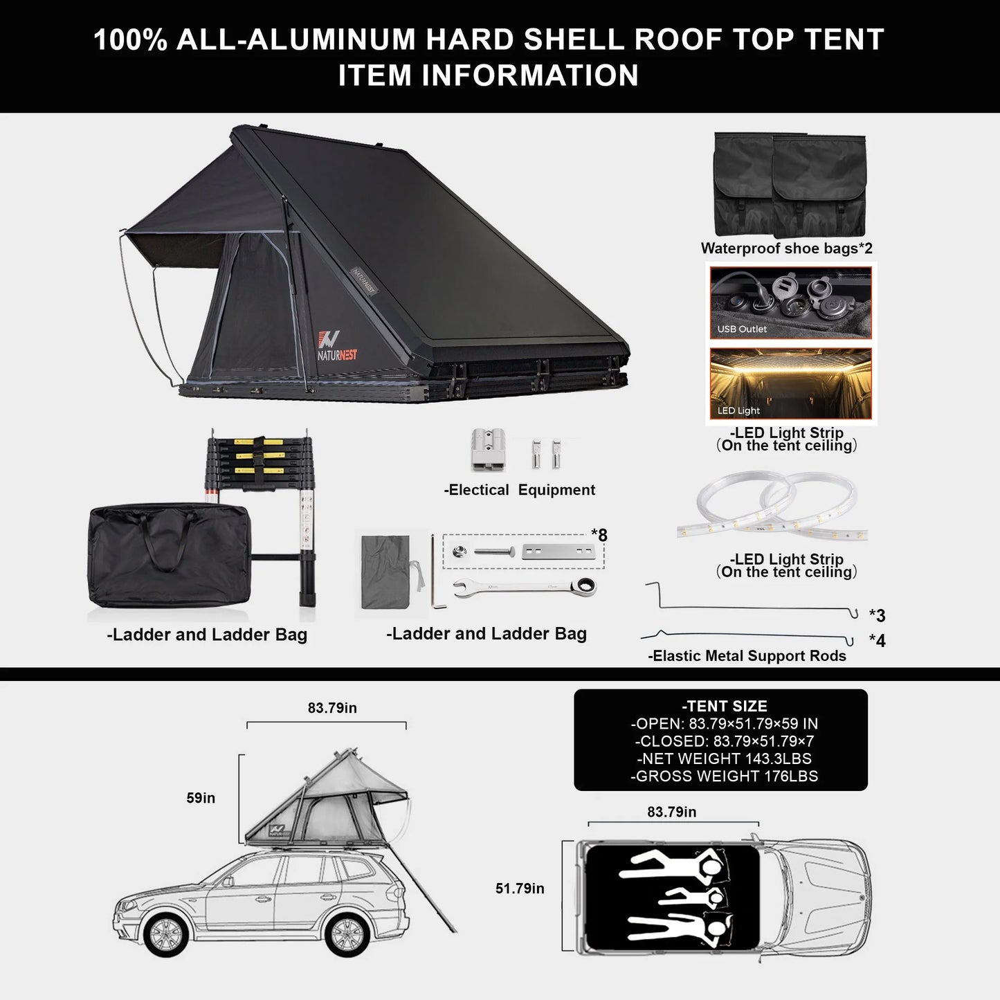 Naturnest Polaris2 Hardshell Rooftop Tent with 2 Luggage Racks, Car Roof Top Tent with AC Inlets, 3-Color LED Lights and Internal USB Plug for Vans, Jeeps, SUVs and Trucks, 2-3 Person Tent