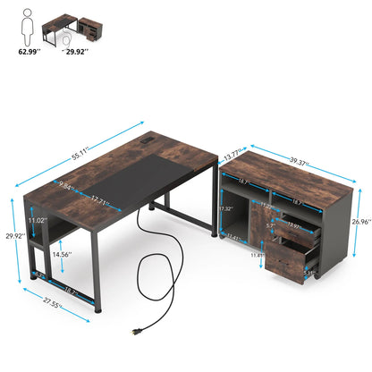 L-Shaped Computer Desk, 55 inches Executive Office Desk with File Cabinet and Power Outlet, Table Writing Desk with Drawers and Shelves, Business Furniture Set for Home Offices