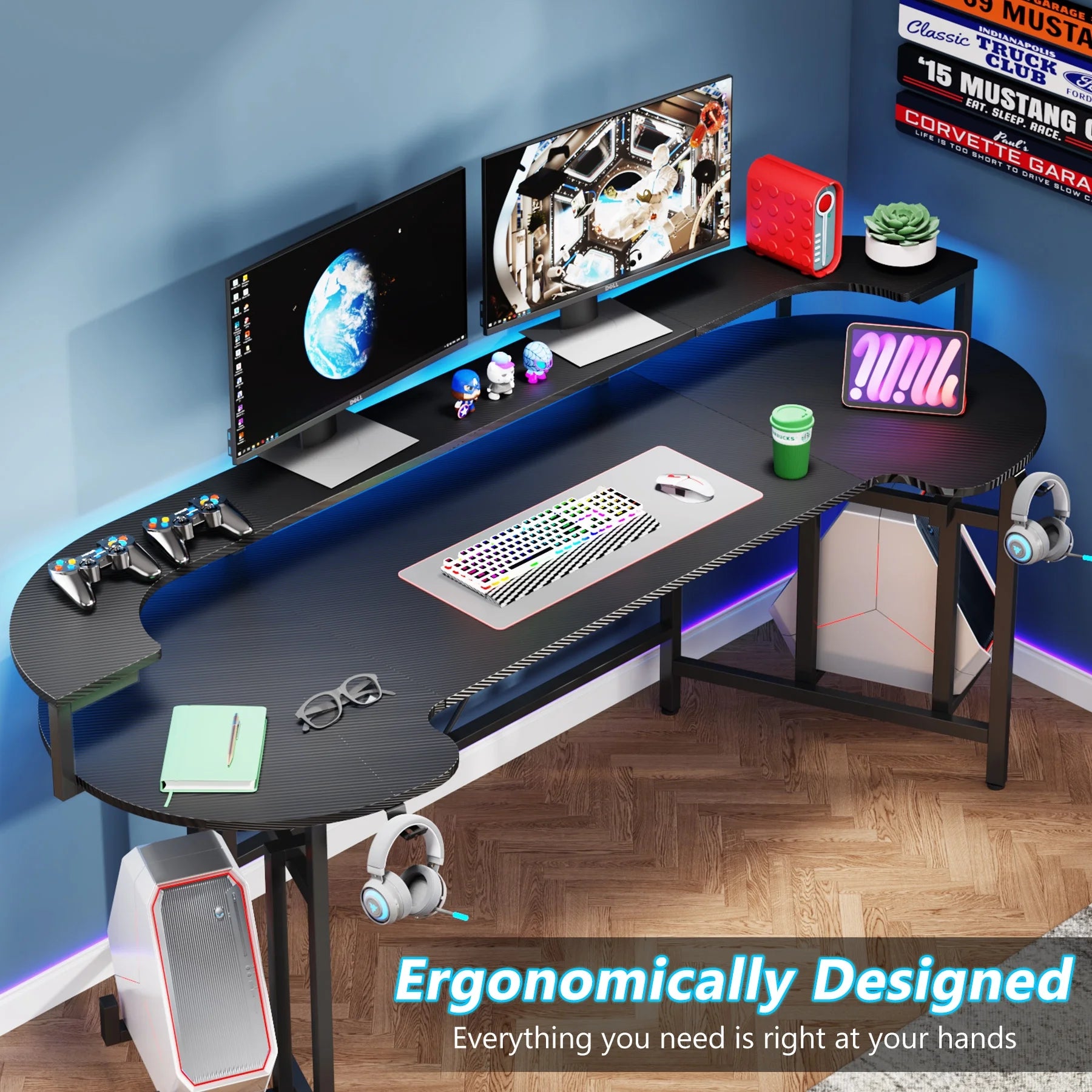 Tribesigns Gaming Desk with Monitor Shelf, 75 inch PC Computer Desk with LED Strip, Carbon Fiber Surface Gaming Table Gamer Workstation for Bedroom, Home Office, Black