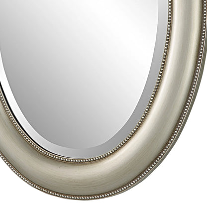 29 Inch Wood Wall Mirror, Beaded Oval Shape, Metallic Silver, Saltoro Sherpi