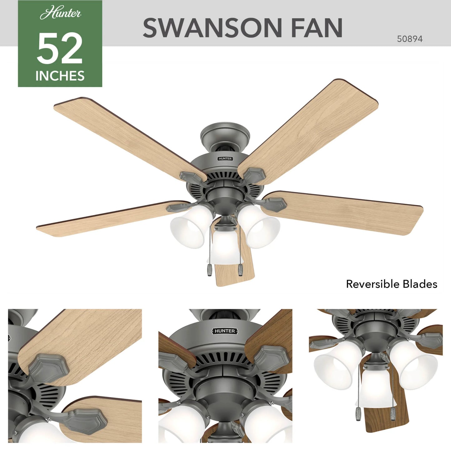 Hunter - Swanson Indoor Ceiling Fan With Light, 52-inch, Matte Silver, Casual-style, 3-speed WhisperWind Motor, 50894, for living rooms, bedrooms, home offices, kitchens
