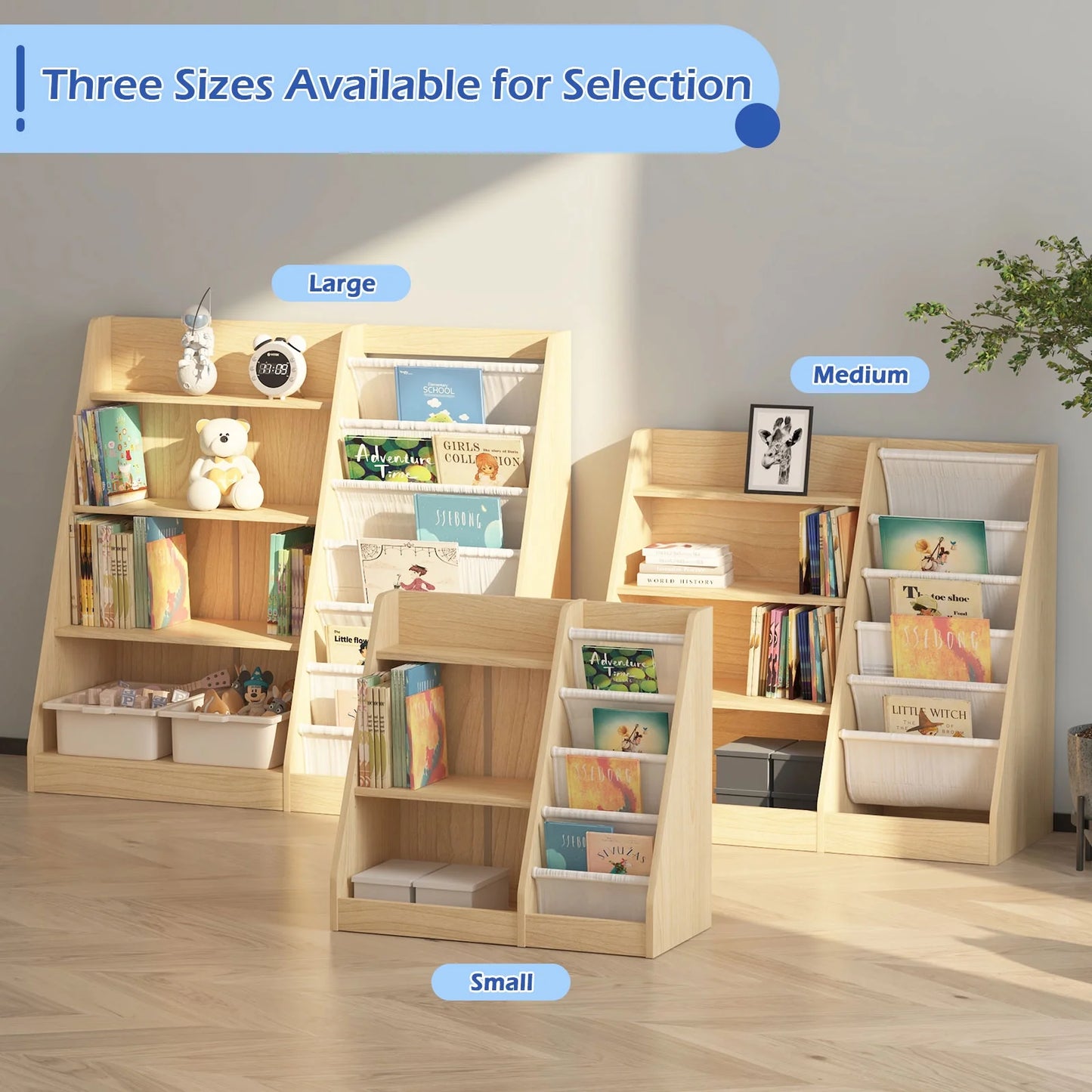 Hironpal Large 6 Layer Sling Kids Bookshelf, 4 Tier Wooden Children Toy Organizer Cabinet for Playroom Nursery Classroom Library