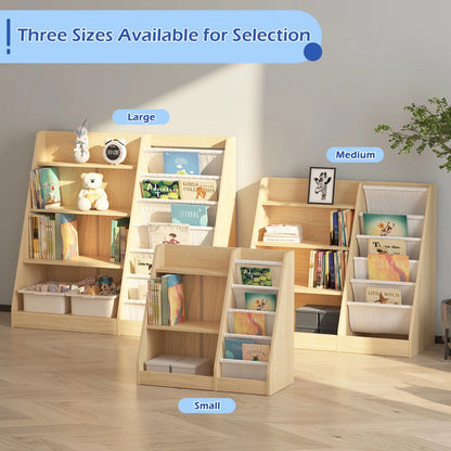 Hironpal Large 6 Layer Sling Kids Bookshelf, 4 Tier Wooden Children Toy Organizer Cabinet for Playroom Nursery Classroom Library