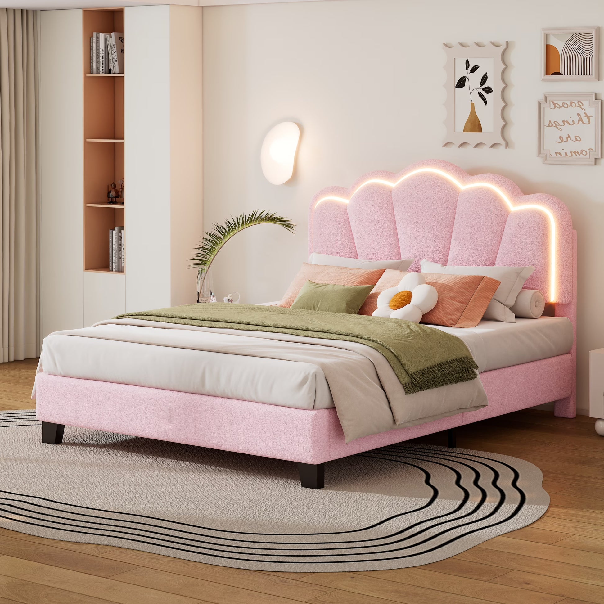Euroco Upholstery Full Size Platform Bed with Flower-Shaped Headboard and LED Light for Kids Bedroom, Beige