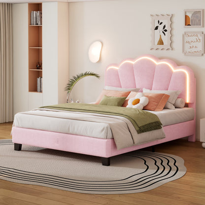 Euroco Upholstery Full Size Platform Bed with Flower-Shaped Headboard and LED Light for Kids Bedroom, Beige