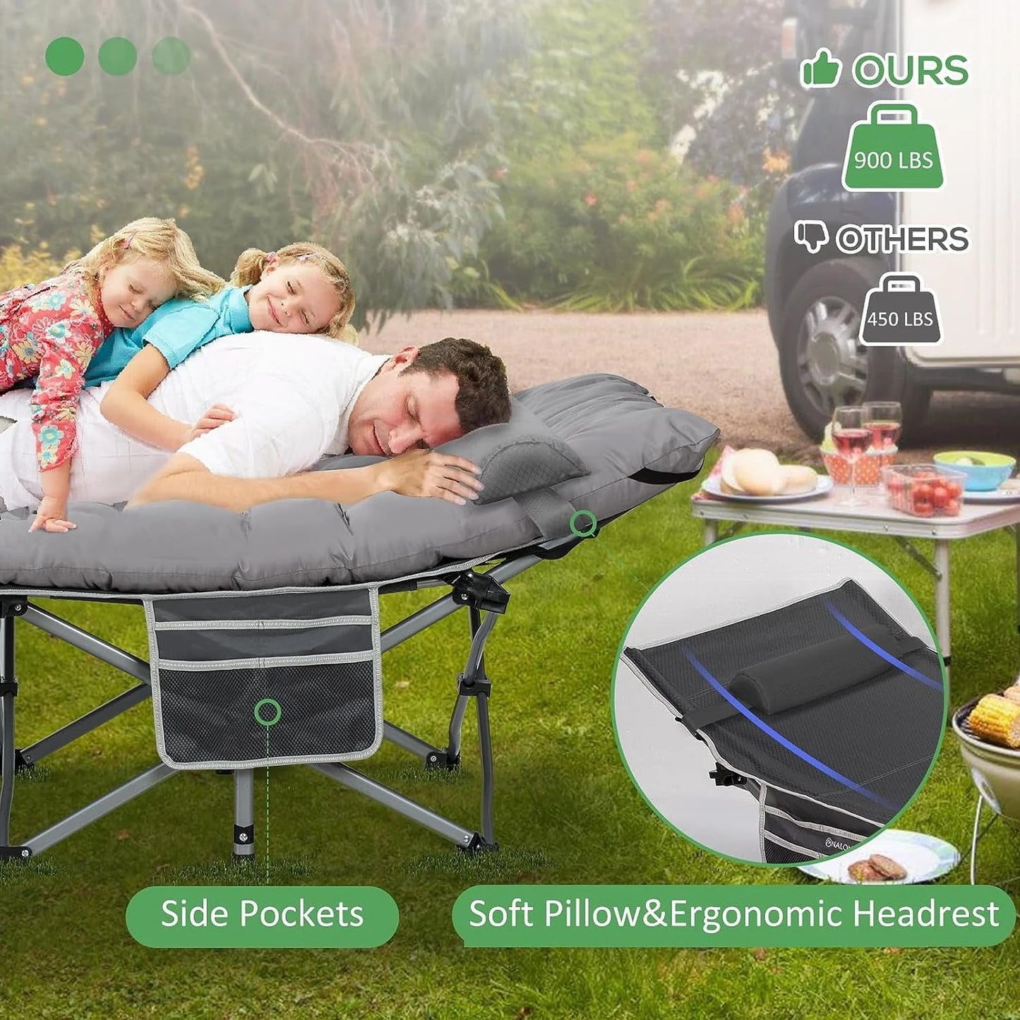 NALONE Camping Cots for Adults with 3.5 Inch Extra Thick Mattress, Cots for Sleeping 900 LBS, Folding Cot with Mattress, Heavy Duty Sleeping Cots Camping Bed for Home Office Outdoor(Gray)