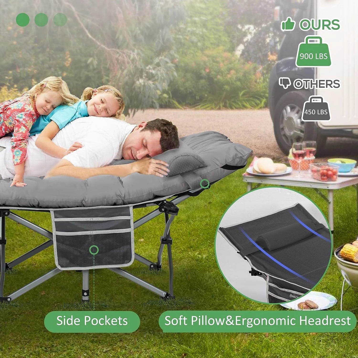 NALONE Camping Cots for Adults with 3.5 Inch Extra Thick Mattress, Cots for Sleeping 900 LBS, Folding Cot with Mattress, Heavy Duty Sleeping Cots Camping Bed for Home Office Outdoor(Gray)