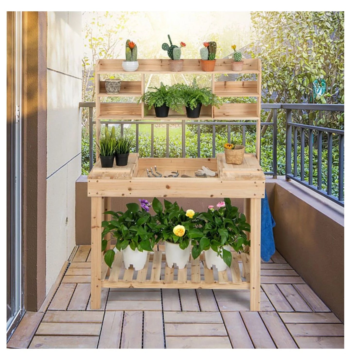 Garden Potting Bench Table with Display Rack & Sink - Outdoor Workstation for Plants, Tools & Gardening - Fir Wood - 43.5" x 19.5" x 60.5"