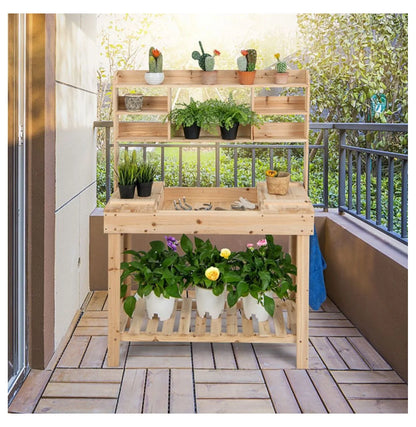 Garden Potting Bench Table with Display Rack & Sink - Outdoor Workstation for Plants, Tools & Gardening - Fir Wood - 43.5" x 19.5" x 60.5"