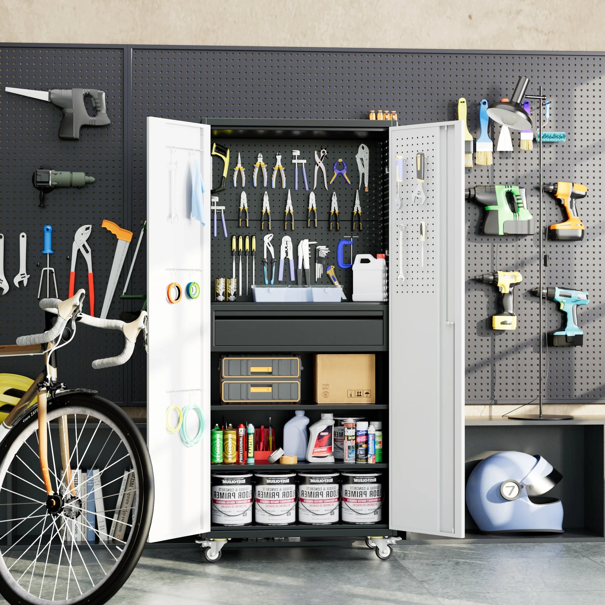 GAEANET 71" H Metal Storage Cabinet on Wheels with Pegboards & Drawer,Lockable Rolling Steel Tool Chest Cabinet for Garage,Warehouse,Home Office,Assembly Required,Black+Gray